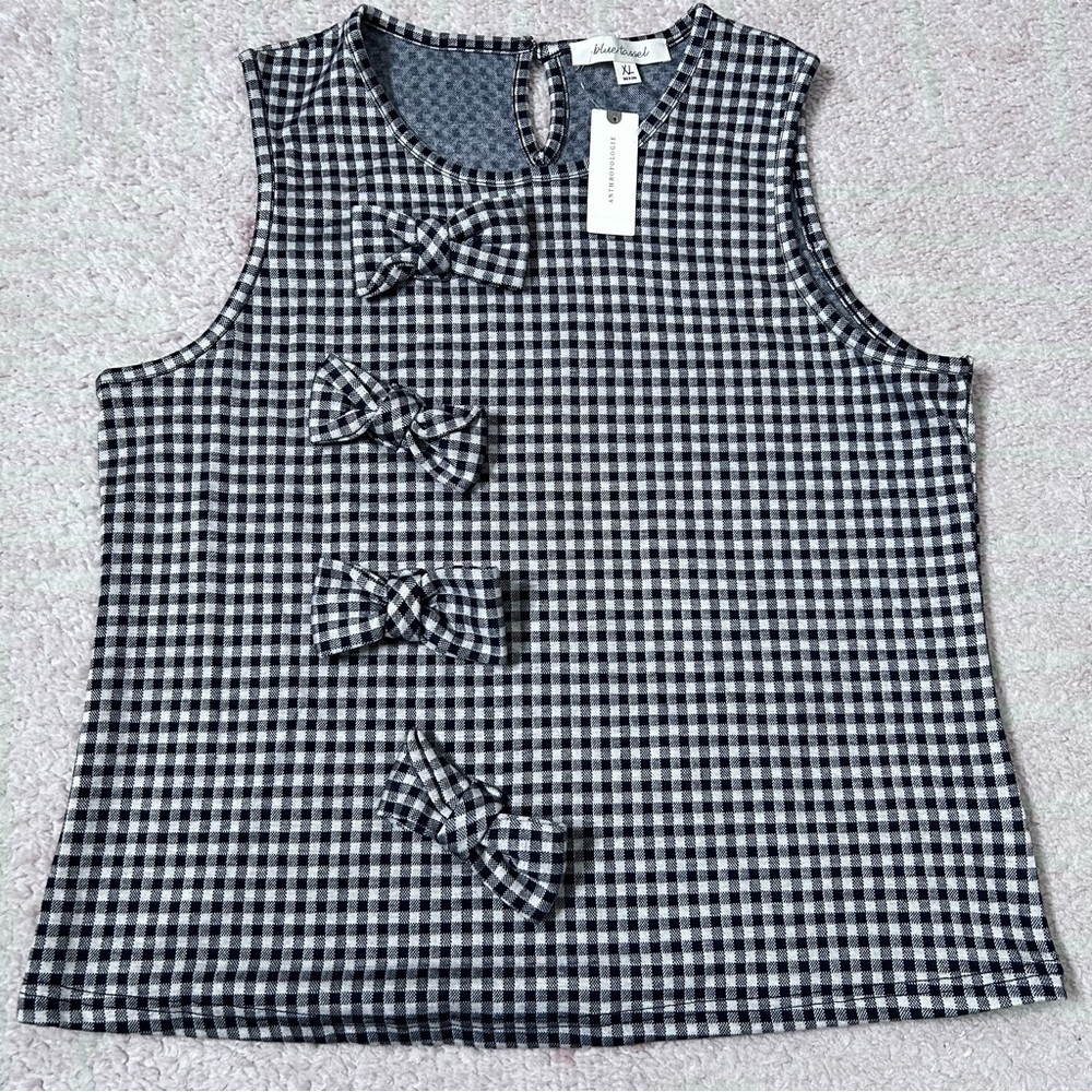 NWT Anthropologie Blue Tassel Gingham Blouse Tank with Bow Accents Size XL